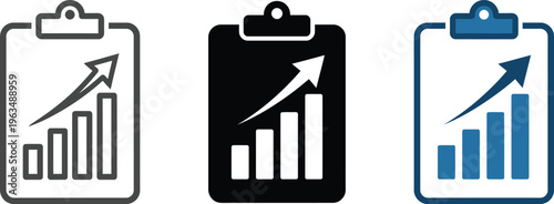 Set of clipboard and growth chart icons for business reports and financial analysis in line art and blue flat design