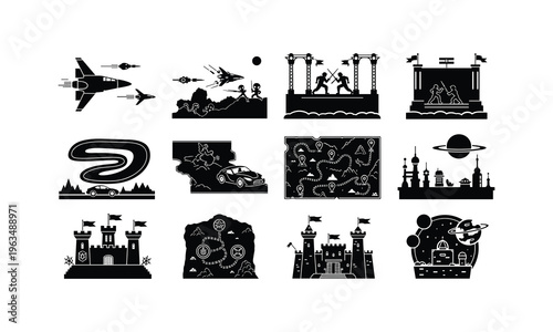 Whimsical black and white icons depicting various adventure and fantasy themes