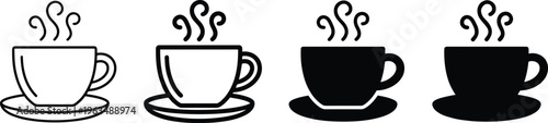 Set of coffee and tea cup icons with saucer in minimalist line art and solid black silhouette style