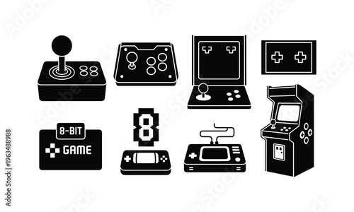 Vintage gaming controllers and arcade machines in black and white icons