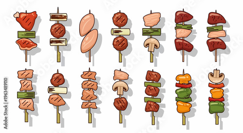 Colorful variety of meat skewers ready.