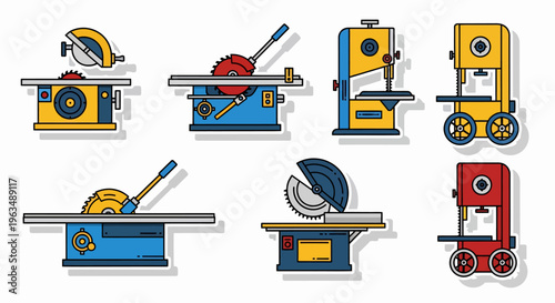 Colorful workshop power tools icons set.