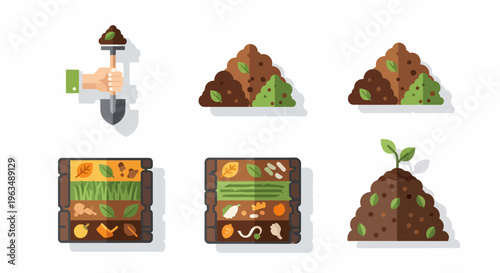 Compost piles with green sprout growing.