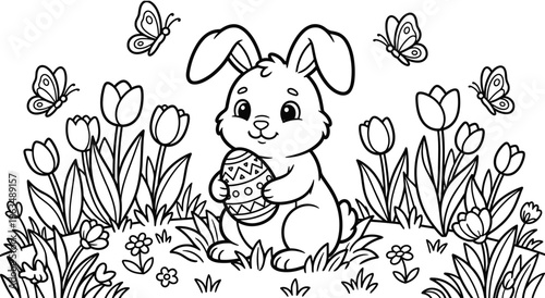 Easter bunny coloring page holding egg in field of spring flowers.
