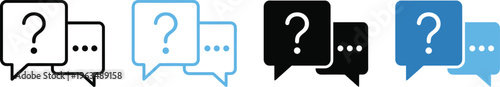 Set of help and support chat icons featuring speech bubbles and question marks in line art and blue flat design