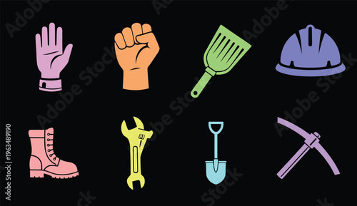 Colorful silhouette of construction and gardening tools and protective gear