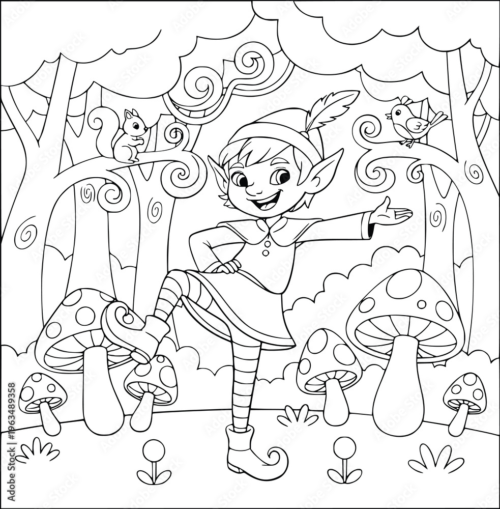 Obraz premium Coloring page of a cheerful elf with striped stockings in a mushroom forest