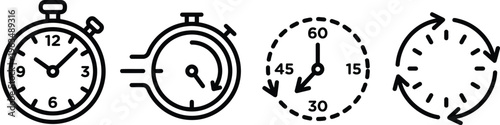 Set of minimalist stopwatch and timer icons featuring speed countdown and refresh symbols in line art style