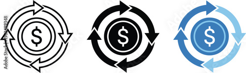 Set of money exchange and refund icons featuring dollar coin and circular arrows in line art and blue flat design