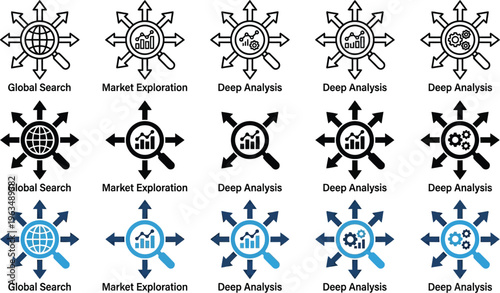 Set of search and discovery icons featuring magnifying glass with radiating arrows in line art and blue flat design