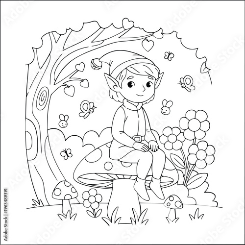 Coloring page of a cute elf character sitting on a large spotted mushroom