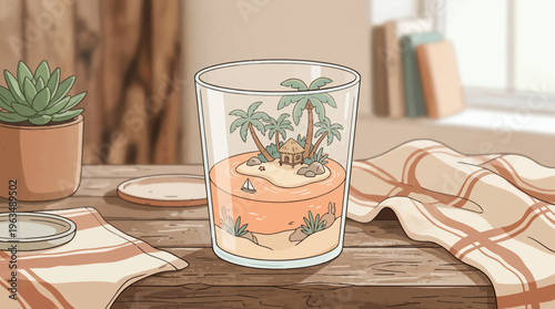 Glass with tropical island design.