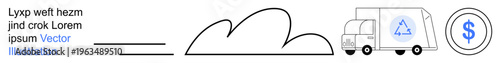 Sustainability, eco-friendly logistics, recycling, financial savings, carbon footprint, waste reduction. A truck with a recycling symbol, a dollar icon and abstract elements. Eco-friendly logistics