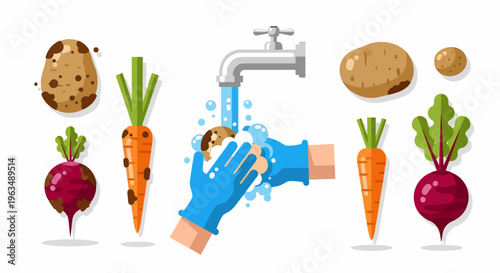 Gloved hands washing vegetables under faucet.