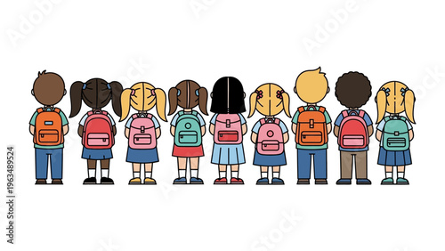 Backpack Brigade: A charming illustration depicts a diverse group of elementary school students standing together, their colorful backpacks ready for the day ahead. 