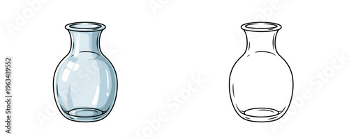Cartoon glass flower vase in color and black line art styles showing transparent empty rounded decorative vessel for home interior on white background
