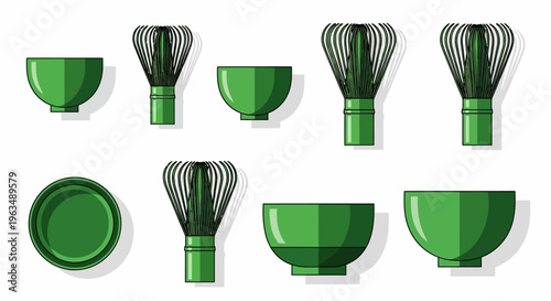 Green kitchen utensil set with whisks.