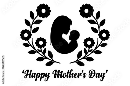 Happy mother's day greeting design featuring mother and child silhouette with flowers