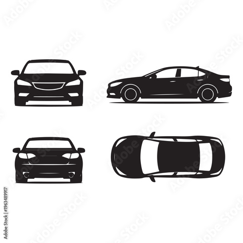 Car Silhouette Blueprint – Front, Rear, Side & Top View Vector