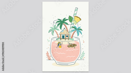 Pink cocktail with umbrella and straw.