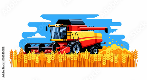 Red and Yellow Combine Harvester Machine.