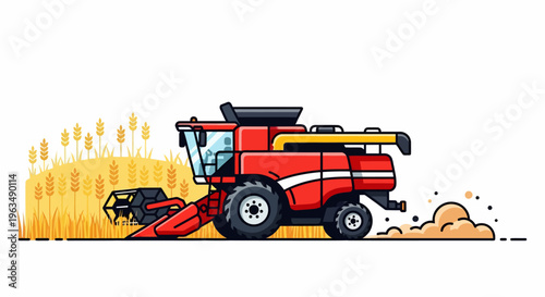 Red Combine Harvester Machine Cutting Wheat.