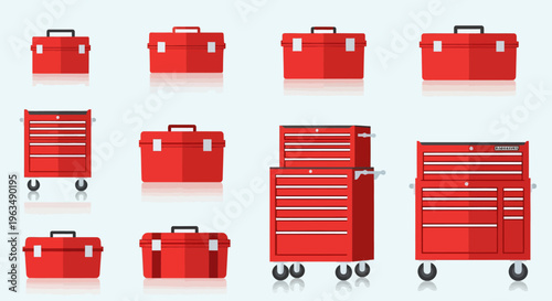 Red metal toolboxes and chests on wheels.