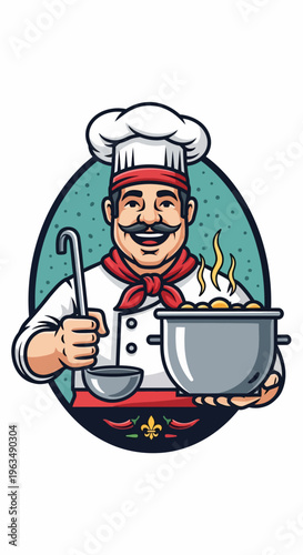 Smiling Chef Holding Cooking Pot Utensil.