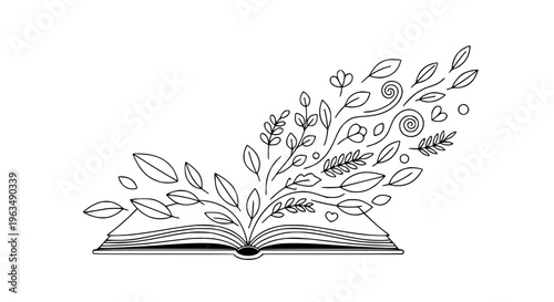 An open book with pages transforming into natural elements like leaves and flowers, symbolizing imagination and creativity