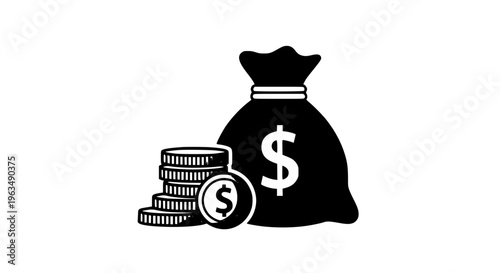 Simple black and white icon of a money bag and a stack of coins, symbolizing financial growth, savings, investment, and wealth accumulation