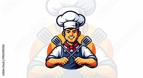 Smiling chef with crossed utensils.