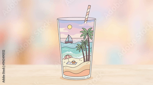 Tropical beach glass with straw inside.