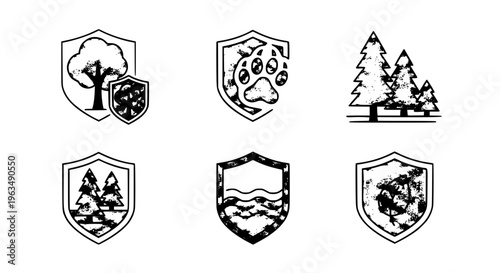 Collection of hand-drawn shield icons symbolizing environmental protection and nature conservation, featuring trees, wildlife, forests, water, and marine life for ecological themes