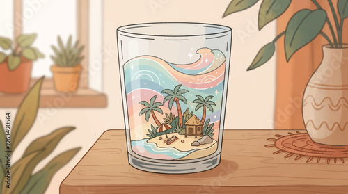 Tropical scene in a glass tumbler.