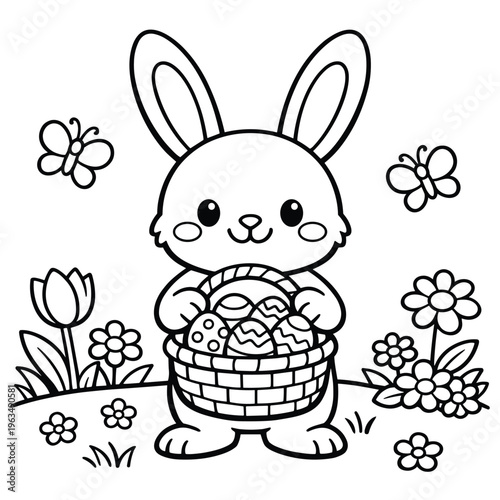 Easter bunny holding basket of eggs in a sunny field.