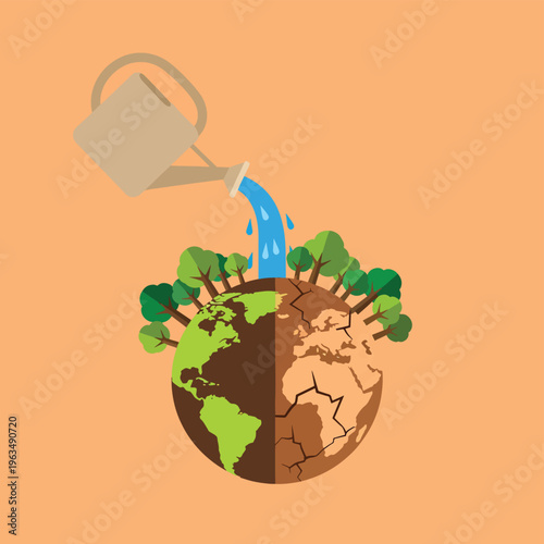 Watering can nurturing half-deserted earth with trees, symbolizing reforestation, combating desertification, and environmental restoration.