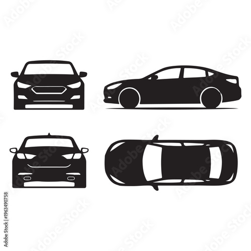 Car Silhouette Blueprint – Front, Rear, Side & Top View Vector