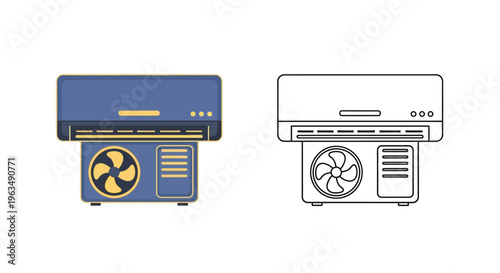 Air conditioner unit shown in color and outline versions