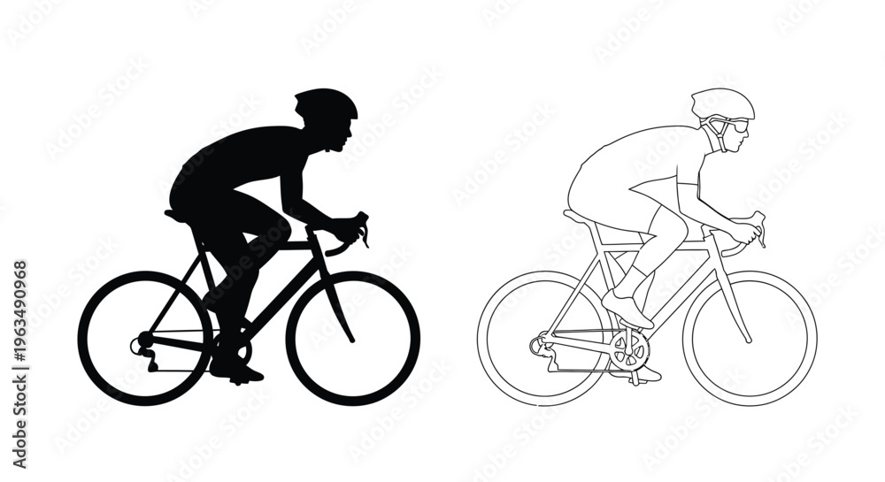 Obraz premium Cyclists in motion a silhouette and a line drawing comparison