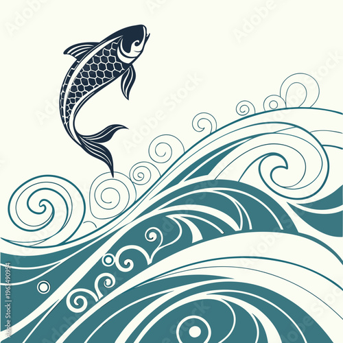 Stylized koi fish leaping through abstract waves in blue and teal tones, zen art, clean vector illustration
