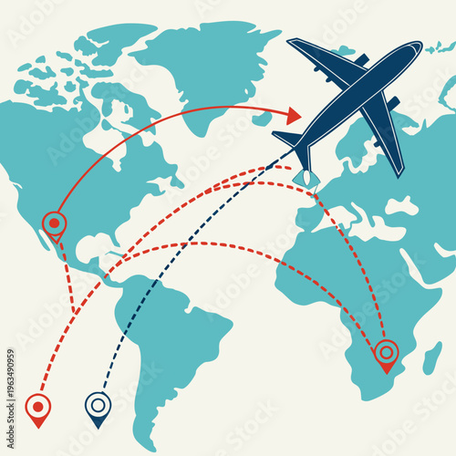 Airplane flight paths connecting global destinations on world map, international travel concept, business travel, air travel, holiday destination, continent outline
