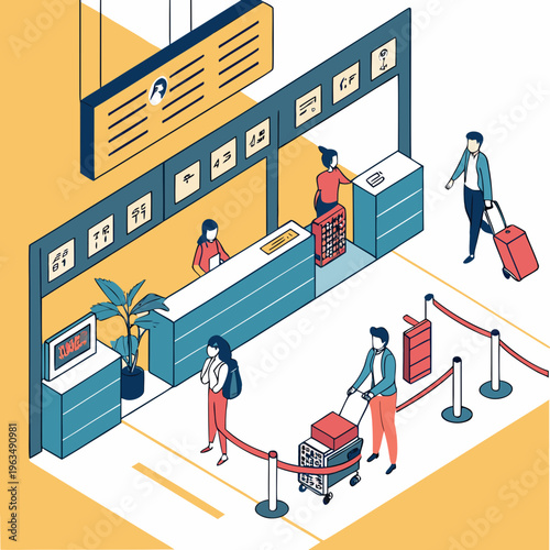 Airline check-in counter with diverse passengers and signage in a isometric illustration with asian characters with check in with flat design with ground transportation with line art