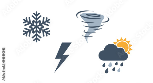 Weather icons depicting a snowflake tornado lightning and raincloud