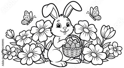 Easter bunny with basket of eggs surrounded by flowers butterflies.