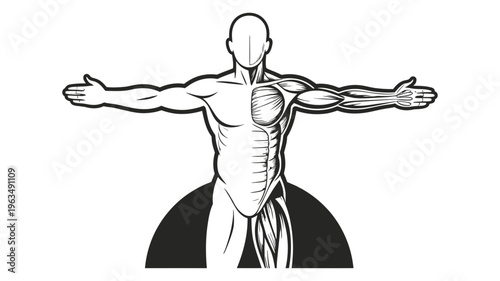 Human body anatomy illustration showing muscular system on one side