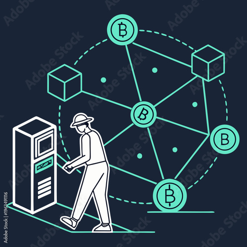 Bitcoin cryptocurrency network node with atm machine and abstract blockchain connection graphic with digital currency with peer to peer with technology finance with exchange rate