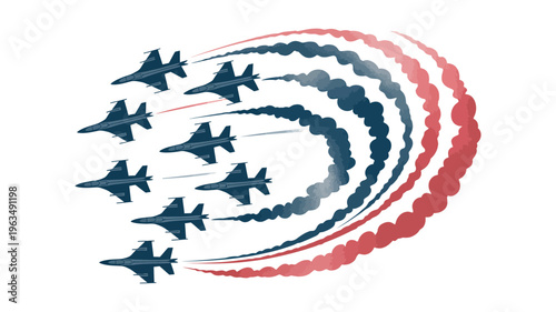 Formation of fighter jets with red and blue smoke trails