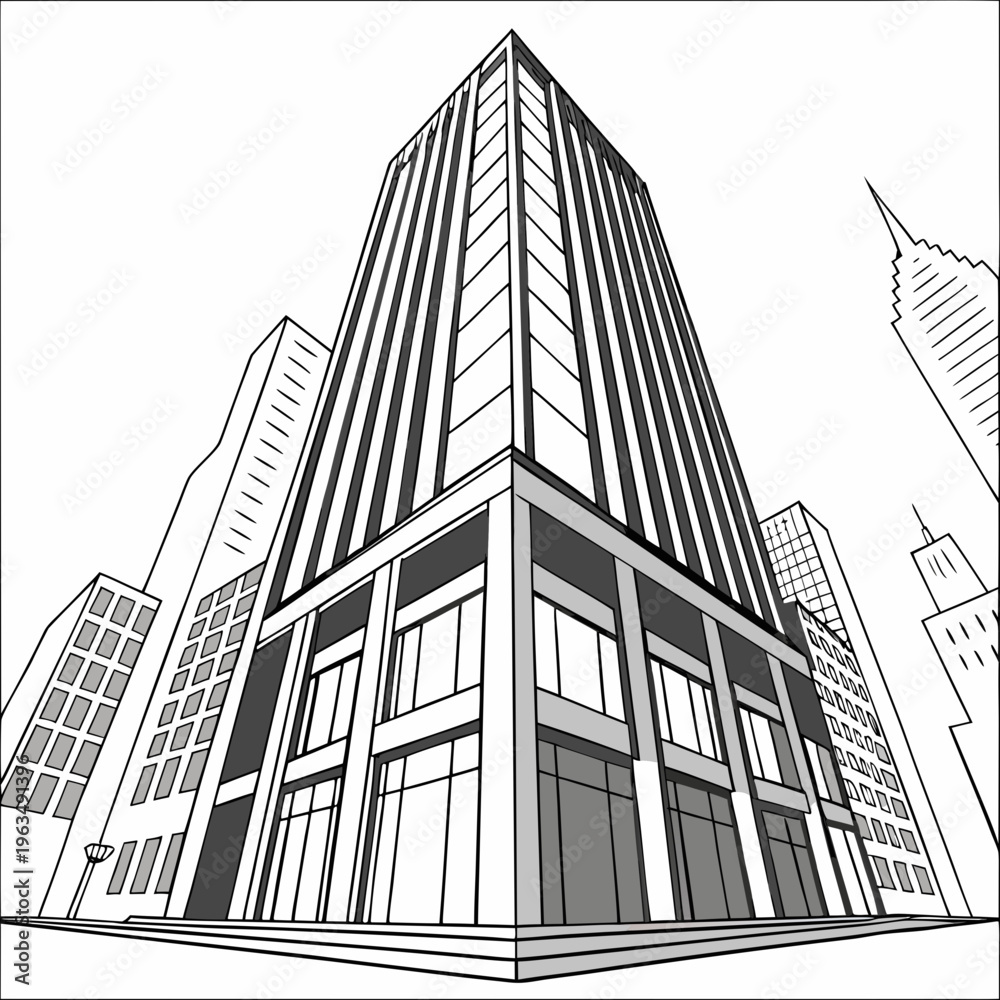 Fototapeta premium Skyscraper office building viewed from below in a city, stark architectural illustration with strong perspective, modern commercial real estate concept, a low-angle view of a modern skyscraper in a