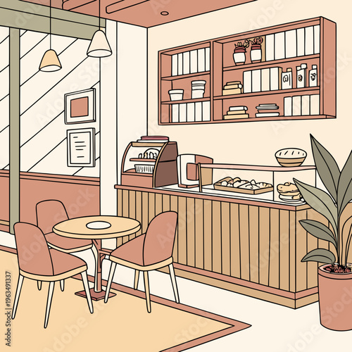 Modern cafe counter with pastries, coffee display, and seating area - illustration for food service and retail, coffee shop, baked goods, flat design