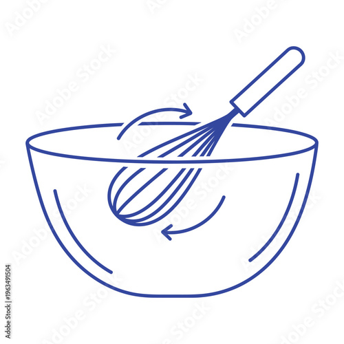 Kitchen whisk actively stirs ingredients within a simple blue outline mixing bowl, depicted with circular arrows indicating a blending motion on a clean white background.